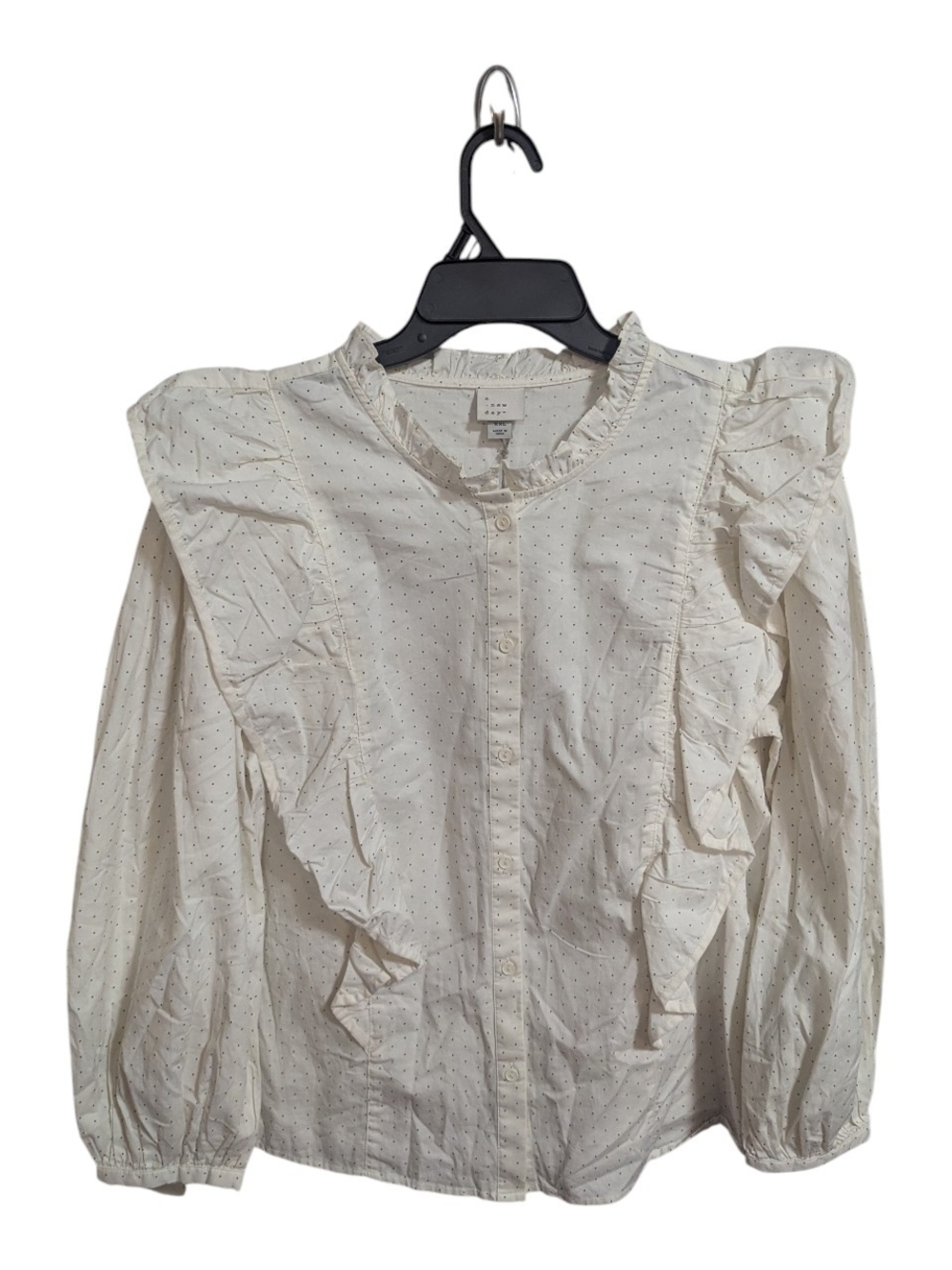 a new day Women's Blouse Sz XXL Cream Ruffled Dot Print Boho W-256
